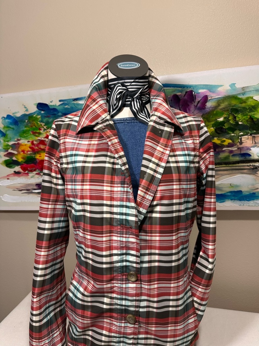 Land's End Women's Plaid Trench Coat Button-Up Red Black White Size M 6-8